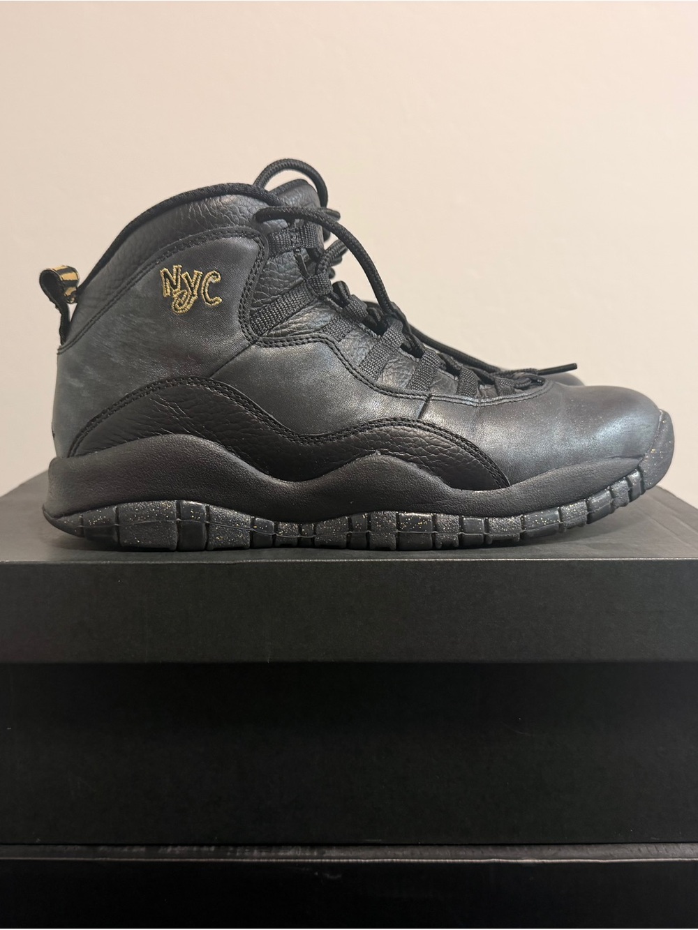 Jordan Men's Black High-Top Sneakers with Gold NYC Accent